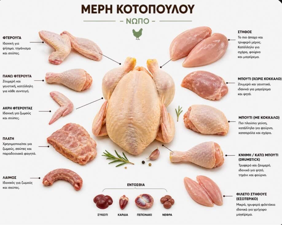 Διάγραμμα ανατομίας ολόκληρου νωπού κοτόπουλου με labeled κομμάτια — στήθος, φτερούγα, πάνω φτερούγα, άκρη φτερούγας, μπούτι με/χωρίς κόκκαλο, κνήμη, πλάτη, λαιμός, εντόσθια, φιλέτο στήθους